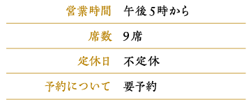 営業時間：午後5時から　席数：9席　定休日：不定休　予約について：要予約